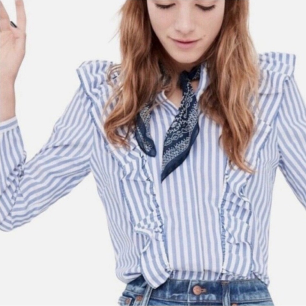MADEWELL Ruffle Striped Blue & White Blouse